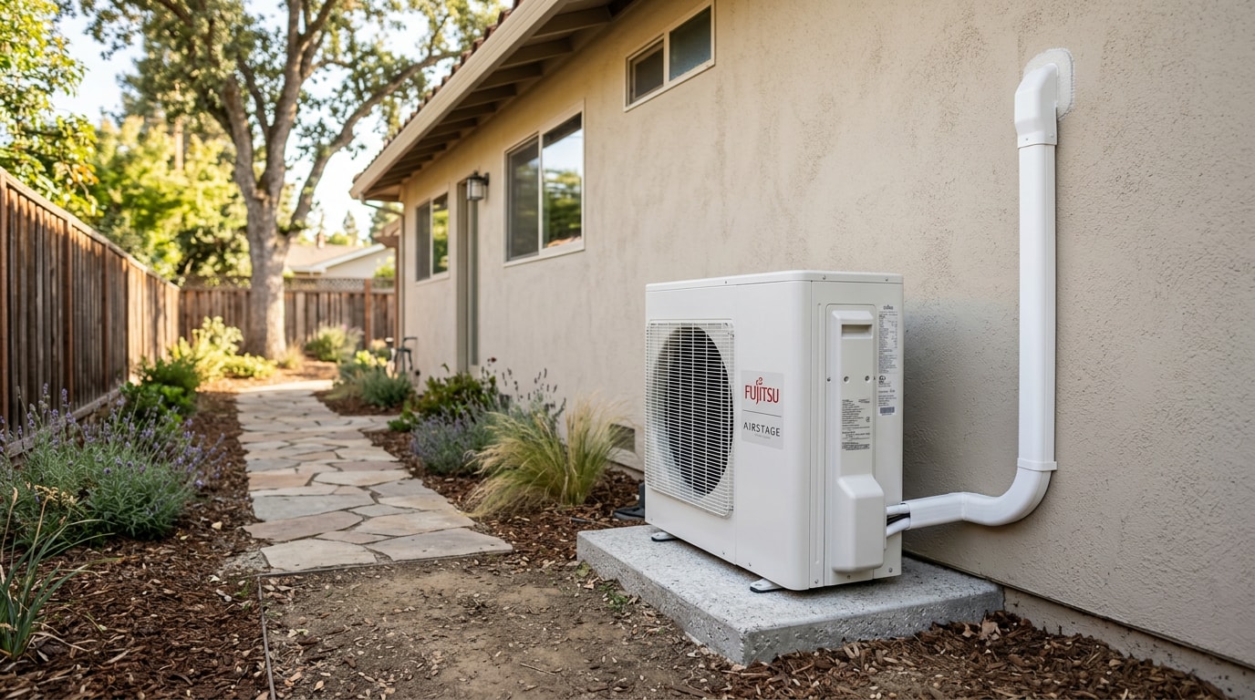 Outdoor condenser unit for a ductless mini-split air conditioning system installed beside a Carmichael, CA home