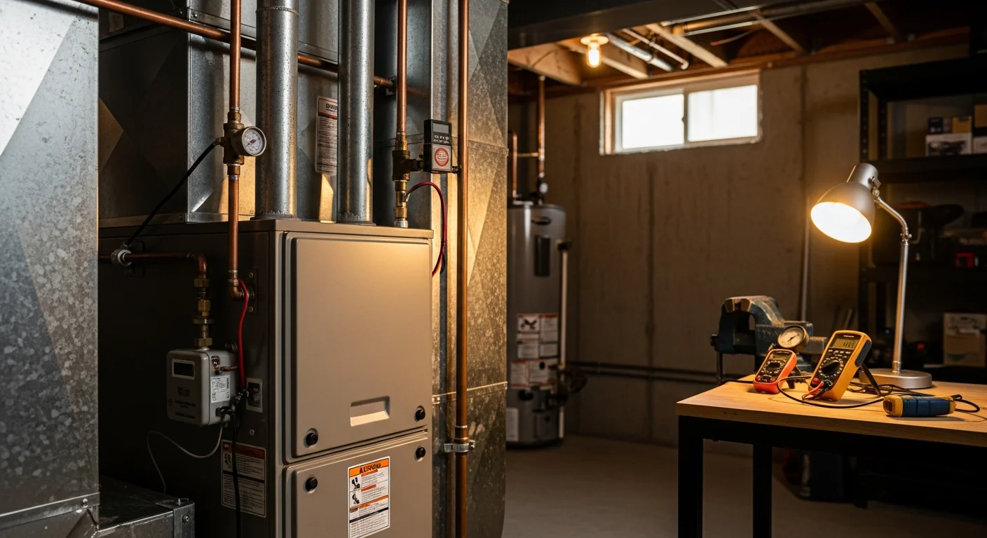 Technician inspecting residential furnace system in basement