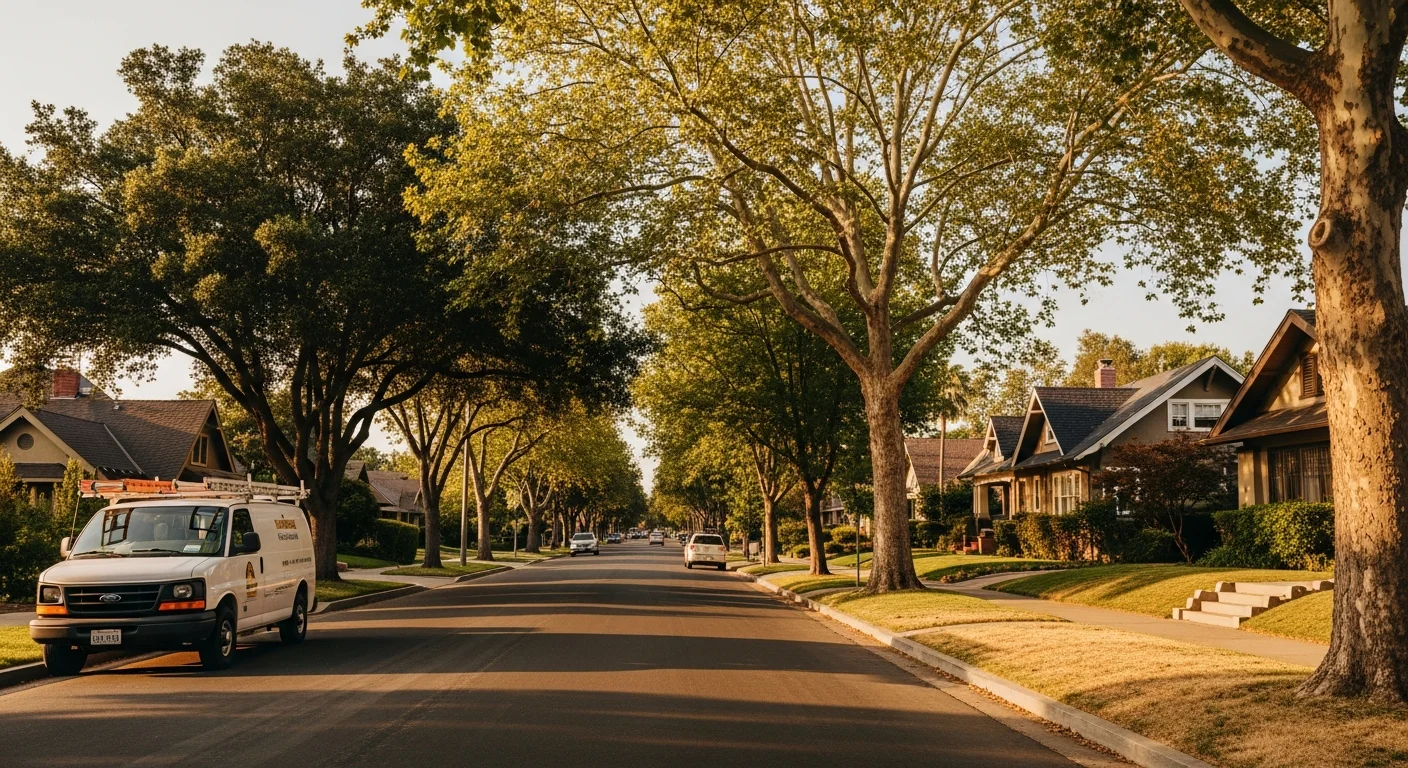 Sacramento, CA residential neighborhood with mature trees and mixed-era homes, representing the diverse communities served by Hot & Cold HVAC.