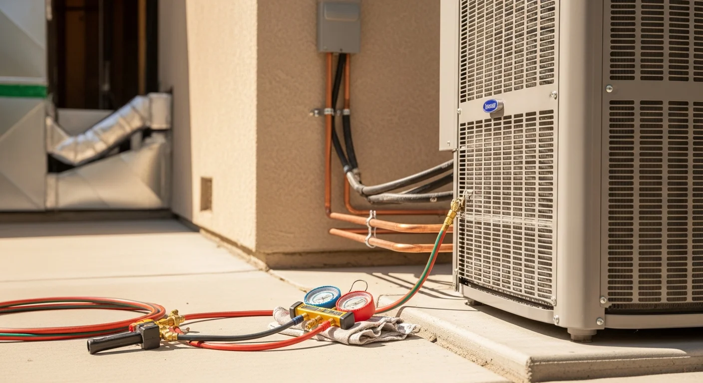 A newly installed central air conditioning condenser unit positioned outside a single-story Sacramento, CA home. An HVAC technician from Hot & Cold HVAC checks connections on the outdoor unit under clear summer sky.
