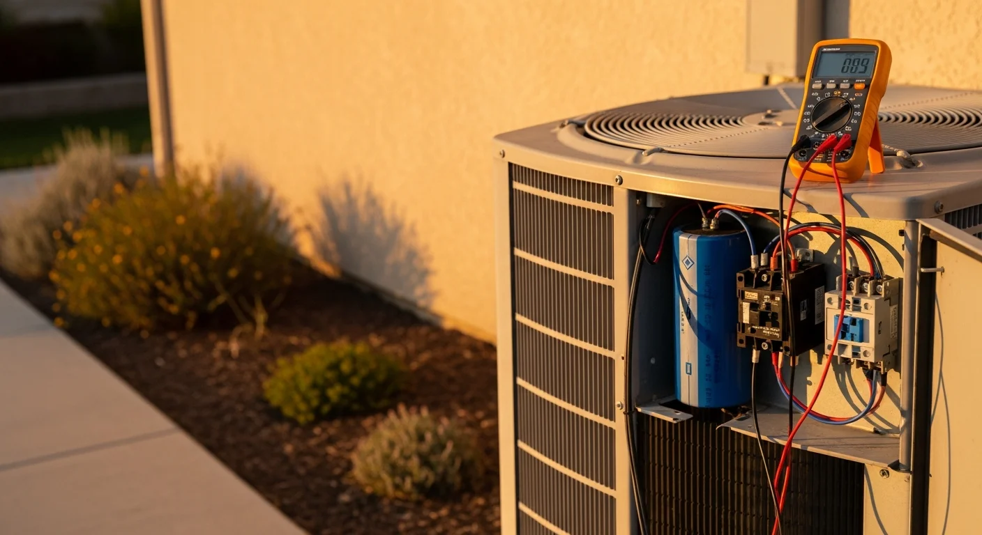 A Hot & Cold HVAC technician inspecting an outdoor AC condenser unit at a Sacramento residential property on a clear, sunny day. The technician is checking refrigerant lines and electrical connections during an air conditioning repair service call.