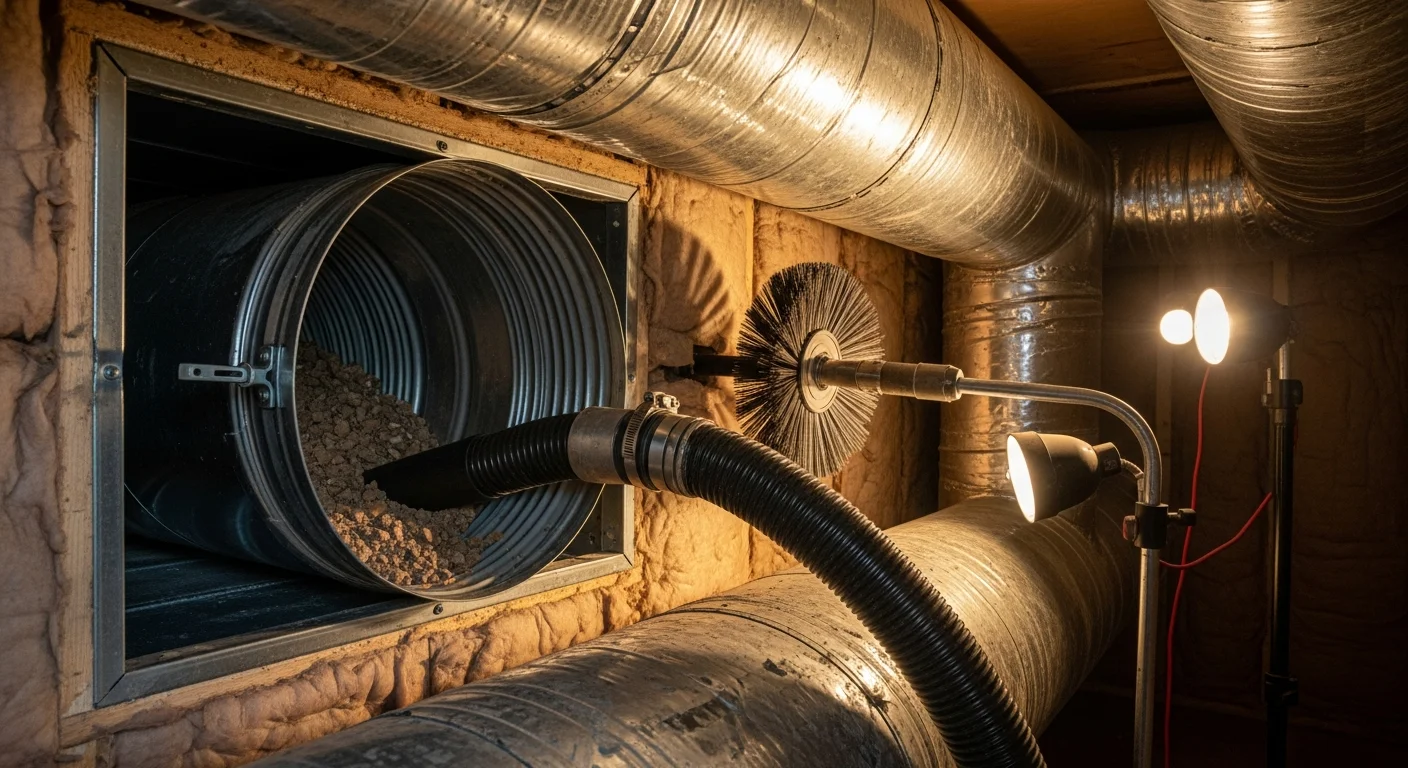 A Hot & Cold HVAC technician using negative-pressure duct cleaning equipment connected to a residential supply vent inside a Sacramento home. Dust and debris are visible being extracted from the ductwork into the collection unit.