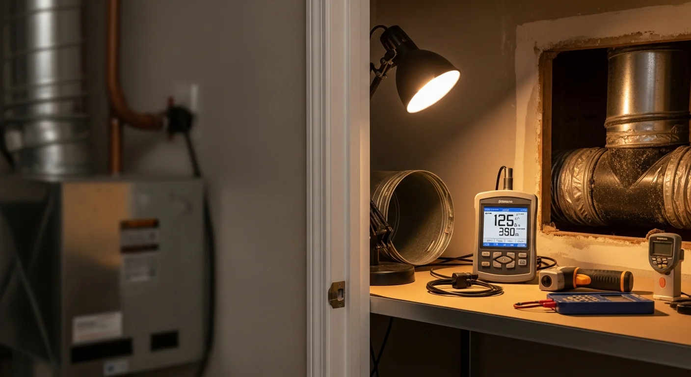 An HVAC technician using a handheld air quality monitor inside a Sacramento home, with a residential duct vent visible in the background. The technician reviews particulate and VOC readings taken during an indoor air quality assessment.