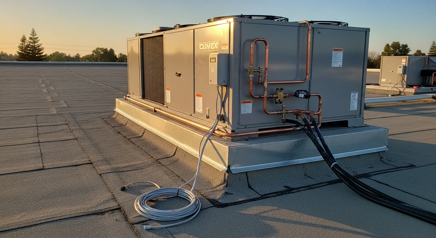 A commercial rooftop HVAC unit freshly installed on a flat-roof office building in Sacramento, CA. A technician in work gear checks the unit connections with the Sacramento skyline visible in the background.