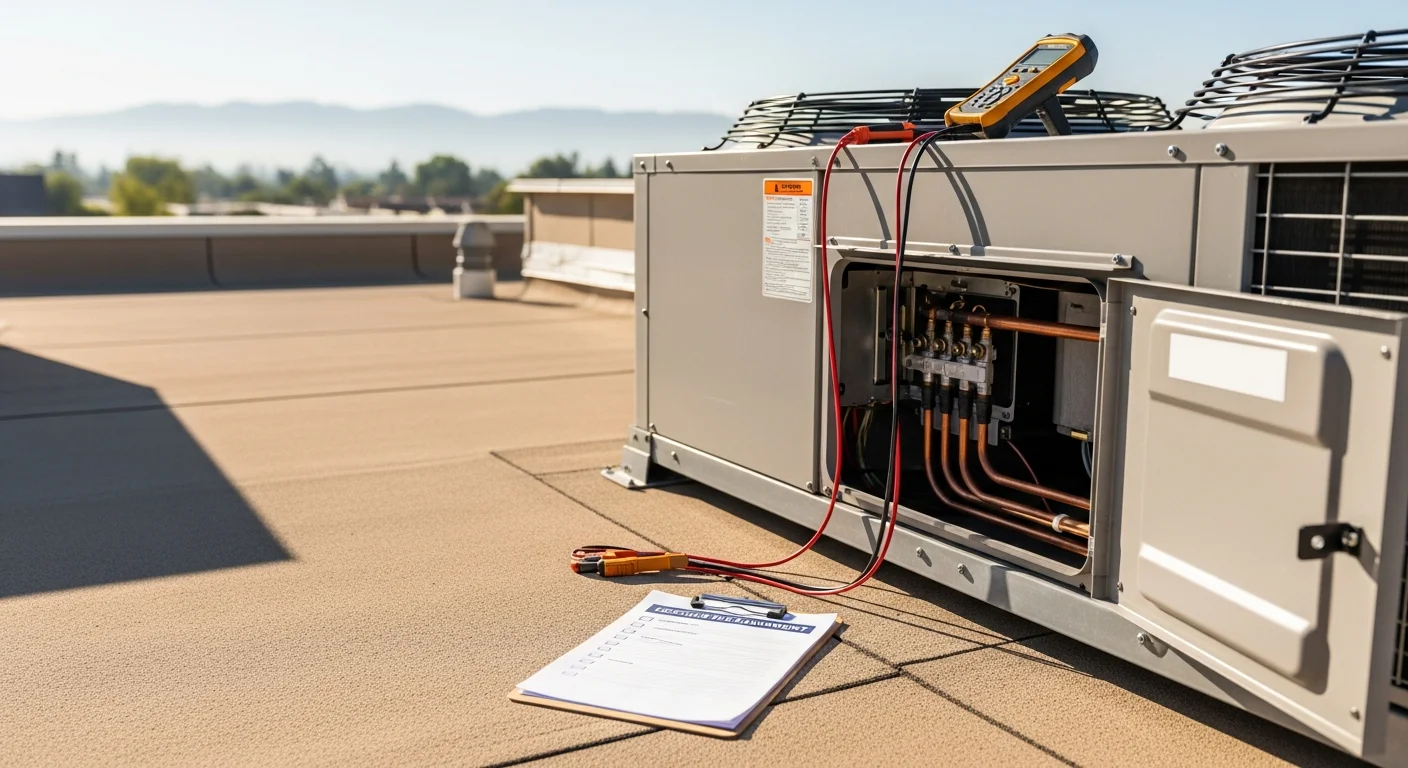 A Hot & Cold HVAC technician inspecting a commercial rooftop package unit on a flat-roof building in Sacramento, CA. The technician checks electrical connections and coil condition during a scheduled maintenance visit.