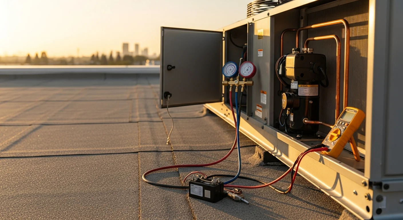 A commercial HVAC technician inspecting a rooftop package unit on a flat-roof commercial building in Sacramento, CA. The unit shows visible condenser coils and refrigerant lines against a clear Central Valley sky.