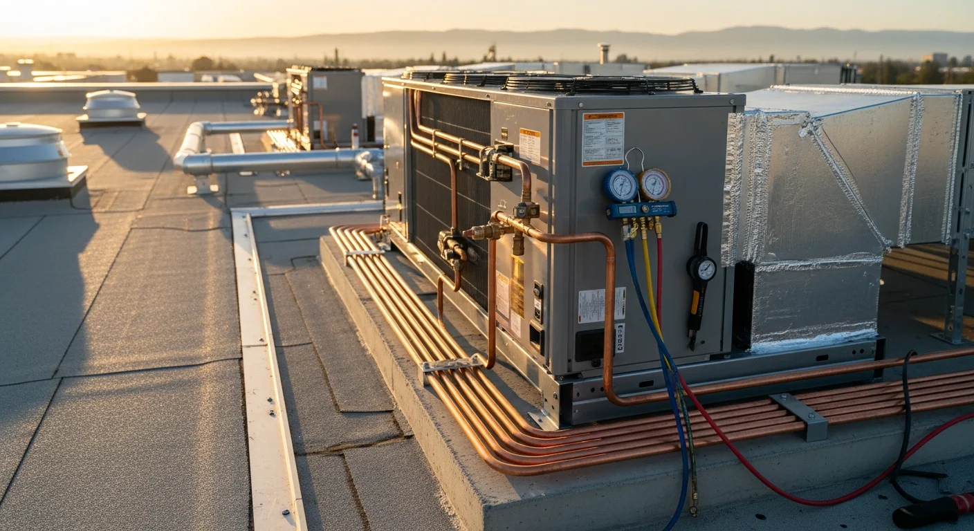 A commercial HVAC technician from Hot & Cold HVAC completing a rooftop unit replacement on a flat-roof commercial building in Sacramento, CA. The new system is mounted and connected, with the Sacramento skyline visible in the background.