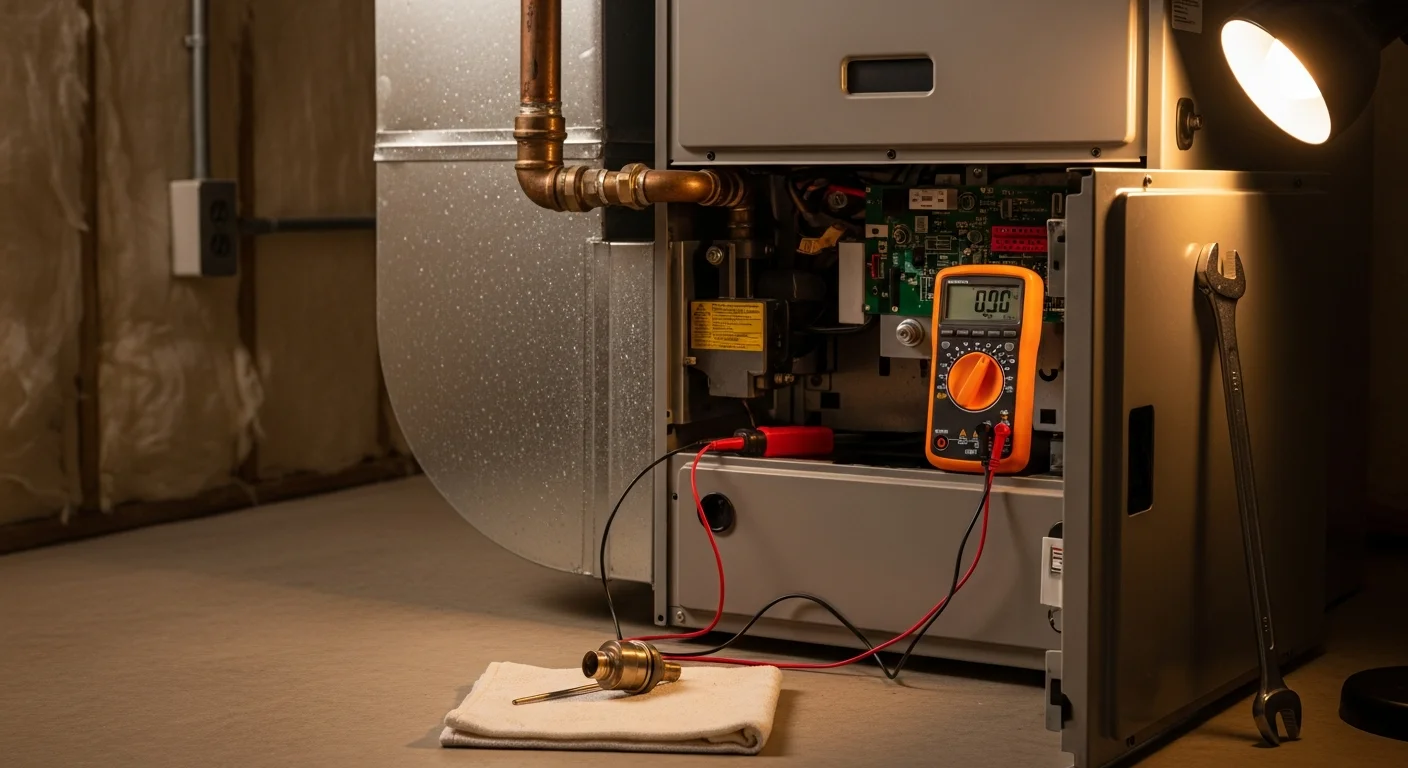 A Hot & Cold HVAC technician inspecting an open residential gas furnace in a Sacramento home during a winter emergency service call. The technician is examining the ignition system and heat exchanger inside the unit.