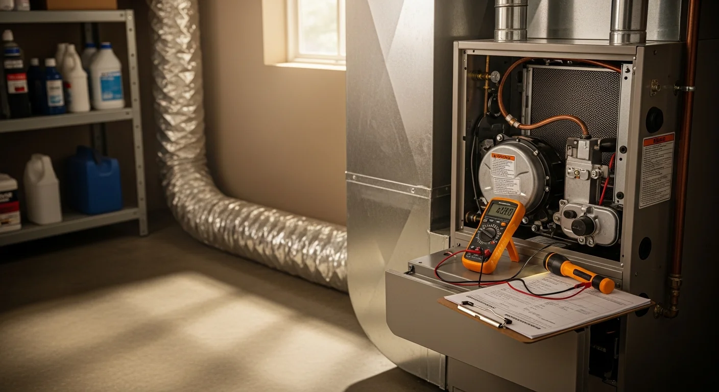A Hot & Cold HVAC technician inspecting the interior components of a residential gas furnace in a Sacramento, CA home. The technician examines the heat exchanger and burner assembly with a flashlight during a pre-season furnace inspection.
