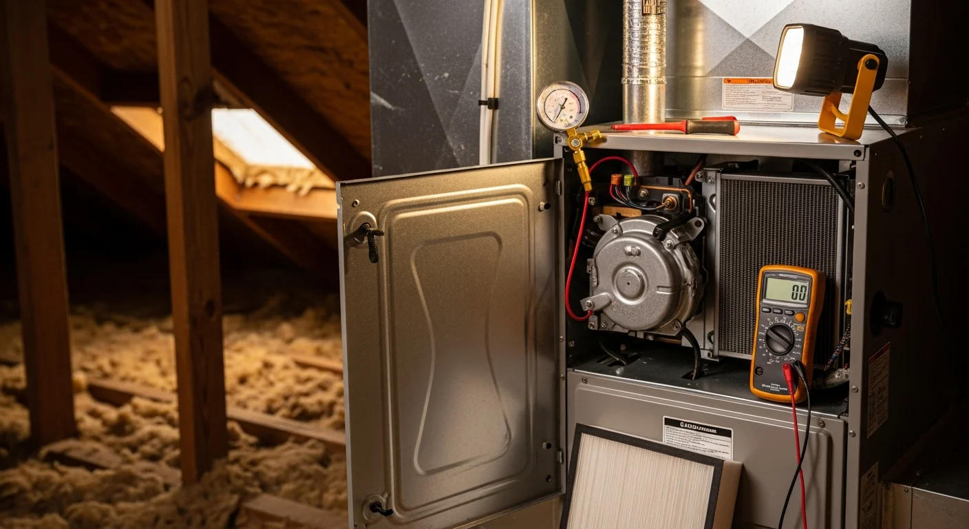 A Hot & Cold HVAC technician inspecting the heat exchanger and burner assembly of a gas furnace inside a Sacramento, CA home. The furnace access panel is open, showing internal components being checked during a pre-season maintenance visit.