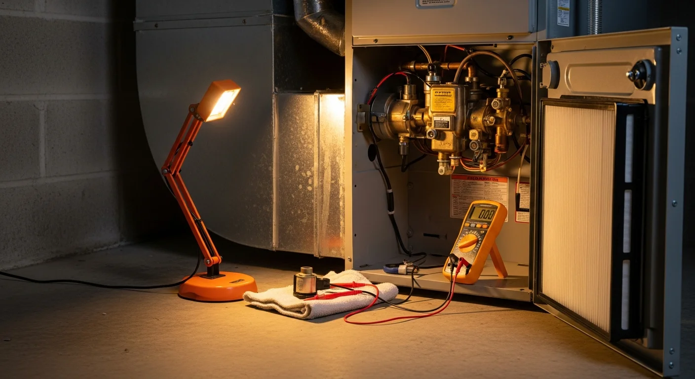 Hot & Cold HVAC technician diagnosing and repairing a combined furnace and AC system in a Sacramento home, inspecting burners, heat exchanger, and cooling components.