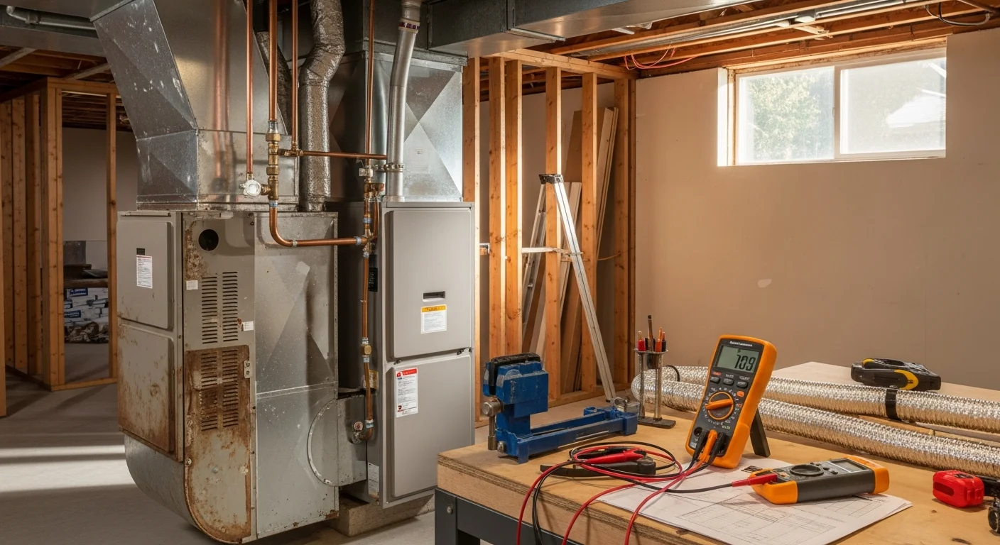 A newly installed gas furnace in a Sacramento home utility room, with clean ductwork connections and a modern high-efficiency unit replacing an older heating system.