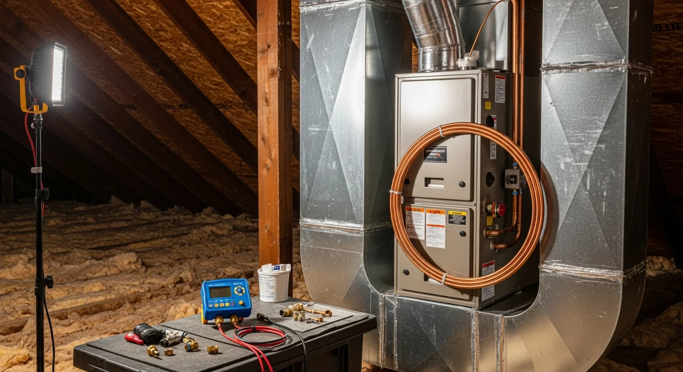 A licensed HVAC technician from Hot & Cold HVAC connects ductwork to a newly installed heating unit inside a Sacramento, CA home. The attic access panel is open and the equipment sits on a clean utility platform in a single-family residence.
