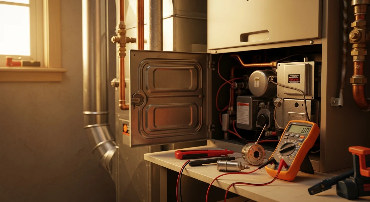 A Hot & Cold HVAC technician inspecting the interior components of a gas furnace inside a Sacramento, CA home. The technician examines the heat exchanger and igniter assembly with a diagnostic tool in hand.