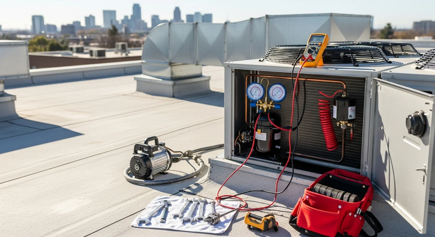 A commercial rooftop HVAC unit mounted on a flat-roof building in Sacramento, CA, with an HVAC technician performing a service inspection on the condenser coil and fan assembly. The surrounding Sacramento skyline and clear summer sky are visible in the background.