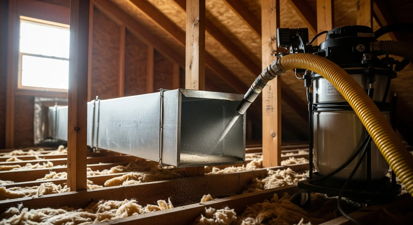 A Hot & Cold HVAC technician using negative-pressure equipment to clean a residential ventilation duct in a Sacramento, CA home. The image shows a clean duct opening next to a pile of removed valley dust and debris.