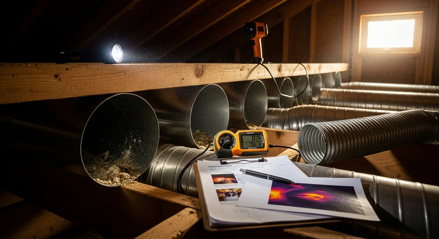 A ventilation system technician inspecting an air duct connection in the attic of a Sacramento, CA residential home. The image shows exposed ductwork, a flashlight, and an open access panel during a professional ventilation inspection.