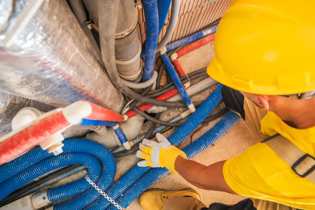 A construction worker wearing a yellow hard hat and gloves is inspecting and organizing blue and red electrical conduits and pipes at an indoor work site.