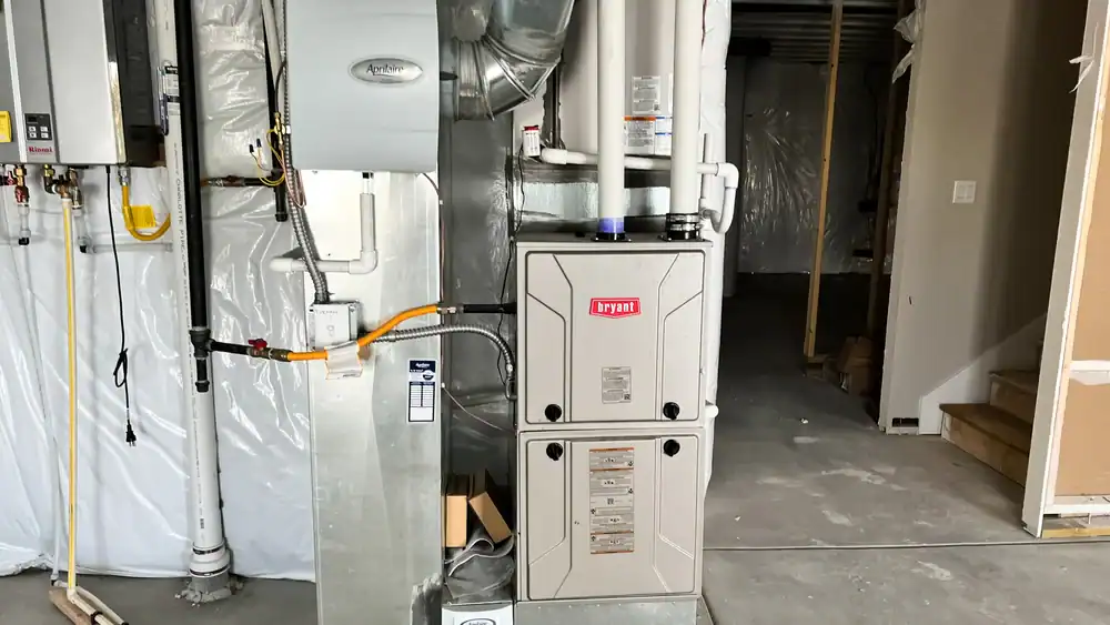 A residential basement showing a furnace and HVAC system, with pipes, ducts, and insulated walls. Nearby, stairs lead up, and unfinished areas are visible in the background.