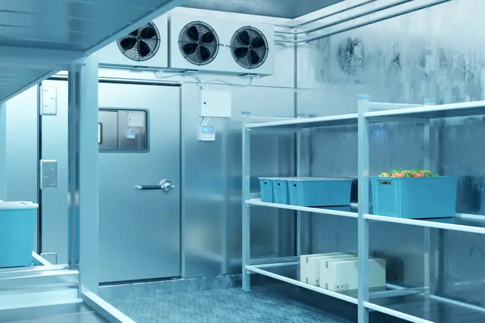 A clean, industrial walk-in refrigerator with metal shelves holding blue crates, some with produce. The walls and door are metallic, and large cooling fans are mounted above the door.