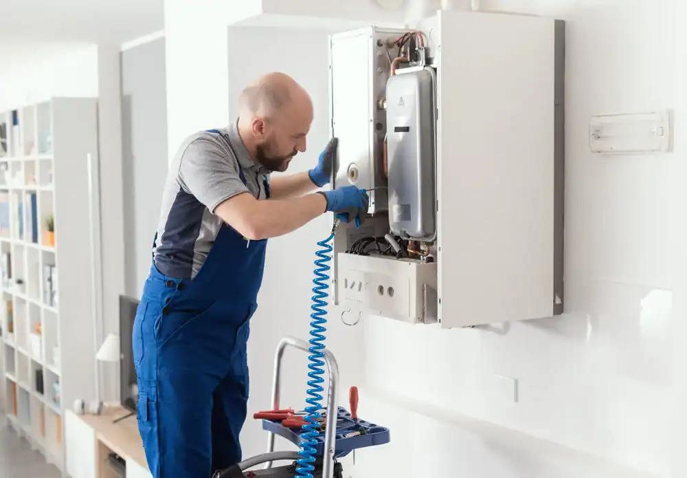 A technician in blue overalls uses tools to repair or inspect a wall-mounted boiler unit inside a modern home. He stands on a small ladder and is focused on the appliance.