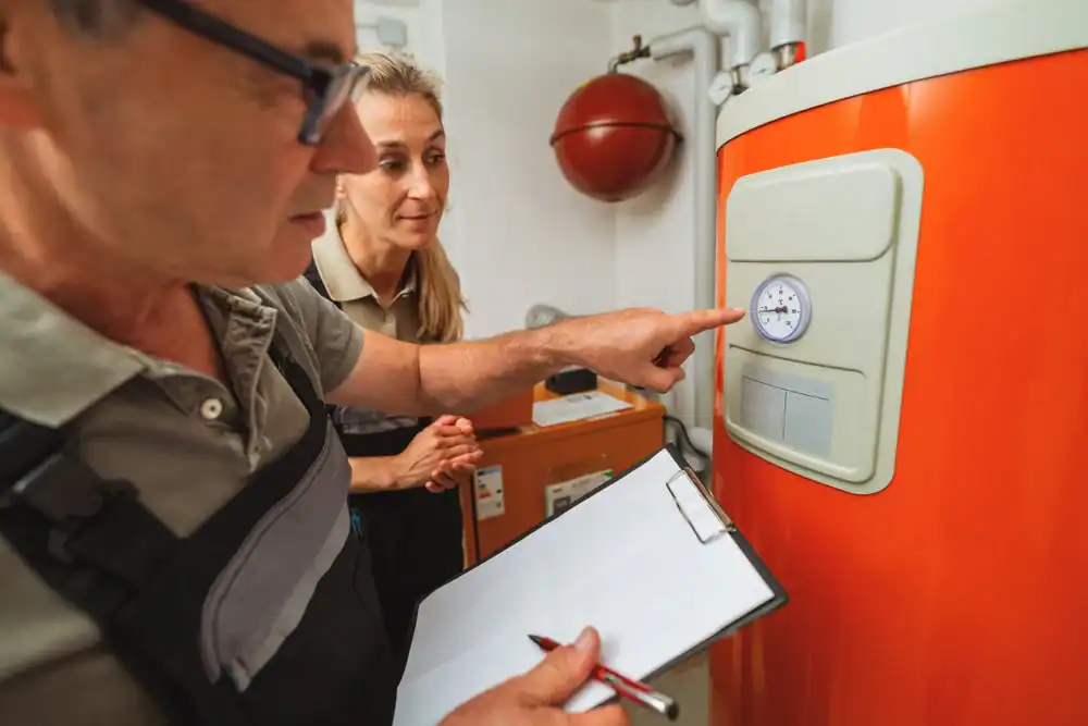 A man points at a gauge on an orange boiler while holding a clipboard, as a woman stands beside him observing. Both appear to be inspecting or discussing the equipment in a utility room.